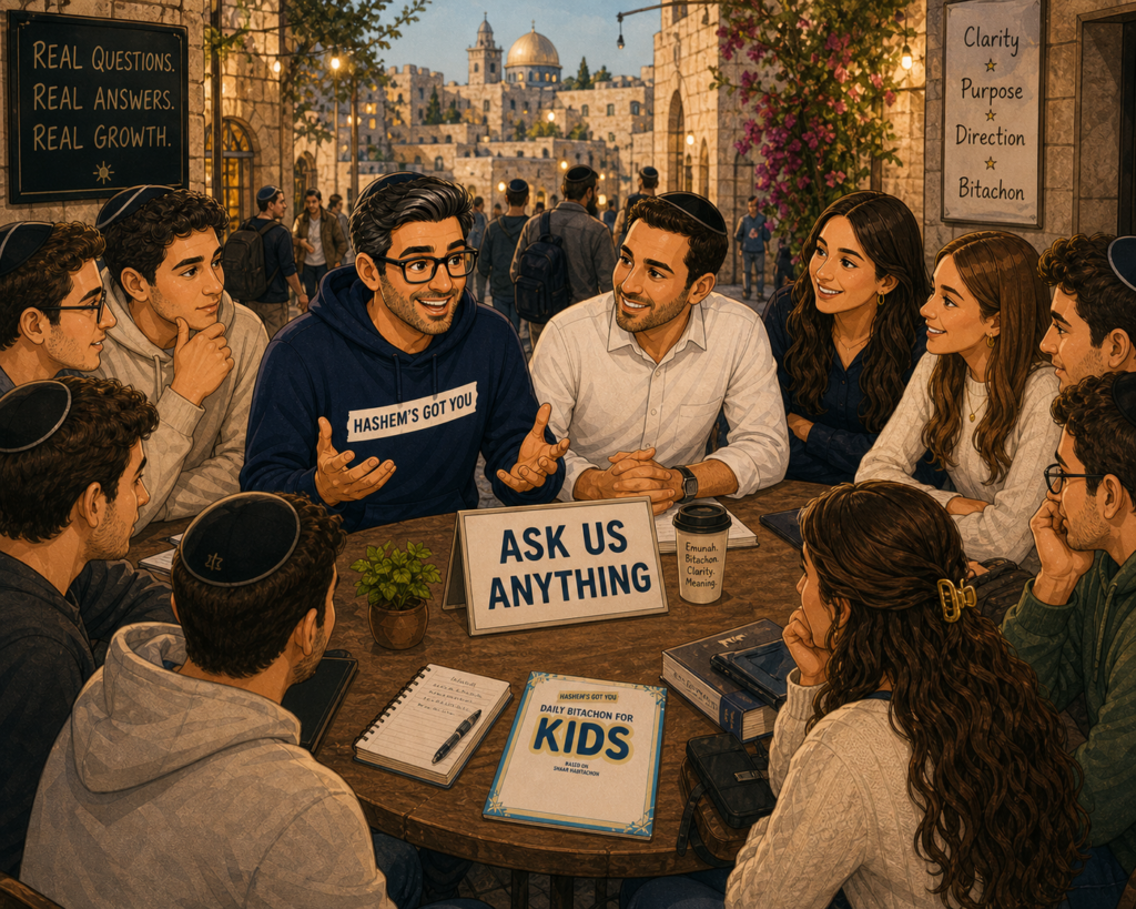 Amir Lehrer answering questions in Jerusalem to a group of yeshiva and seminary students at the Ask Us Anything Table.